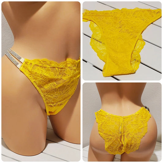 Victoria's Secret Double Shine Strap Brazilian Panty All Lace Carnation Yellow - Star Vintage & More Star Vintage And More LLC