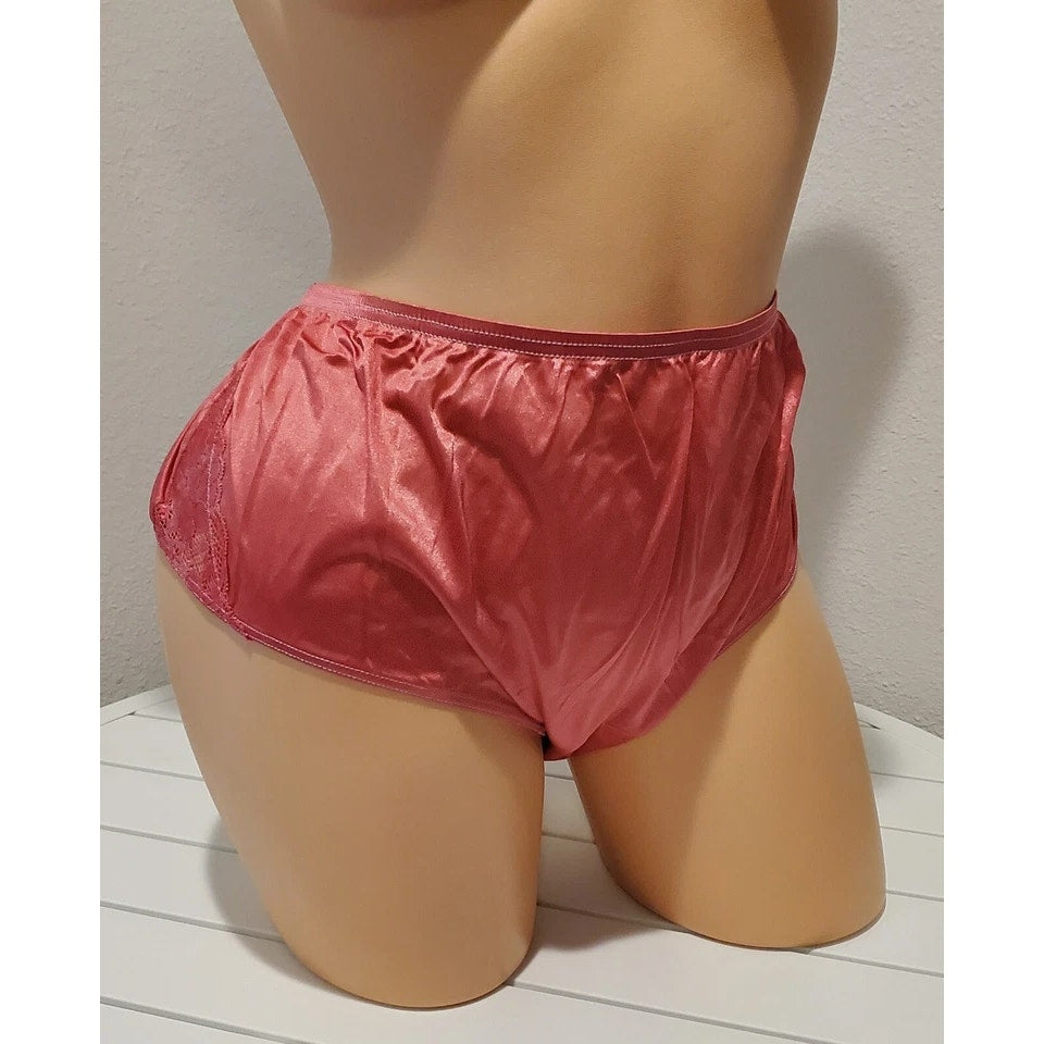 Shadowline 11182 Lace Insets Bikini Panty Shiny Nylon Full Cut Amber Pink 11/4XL