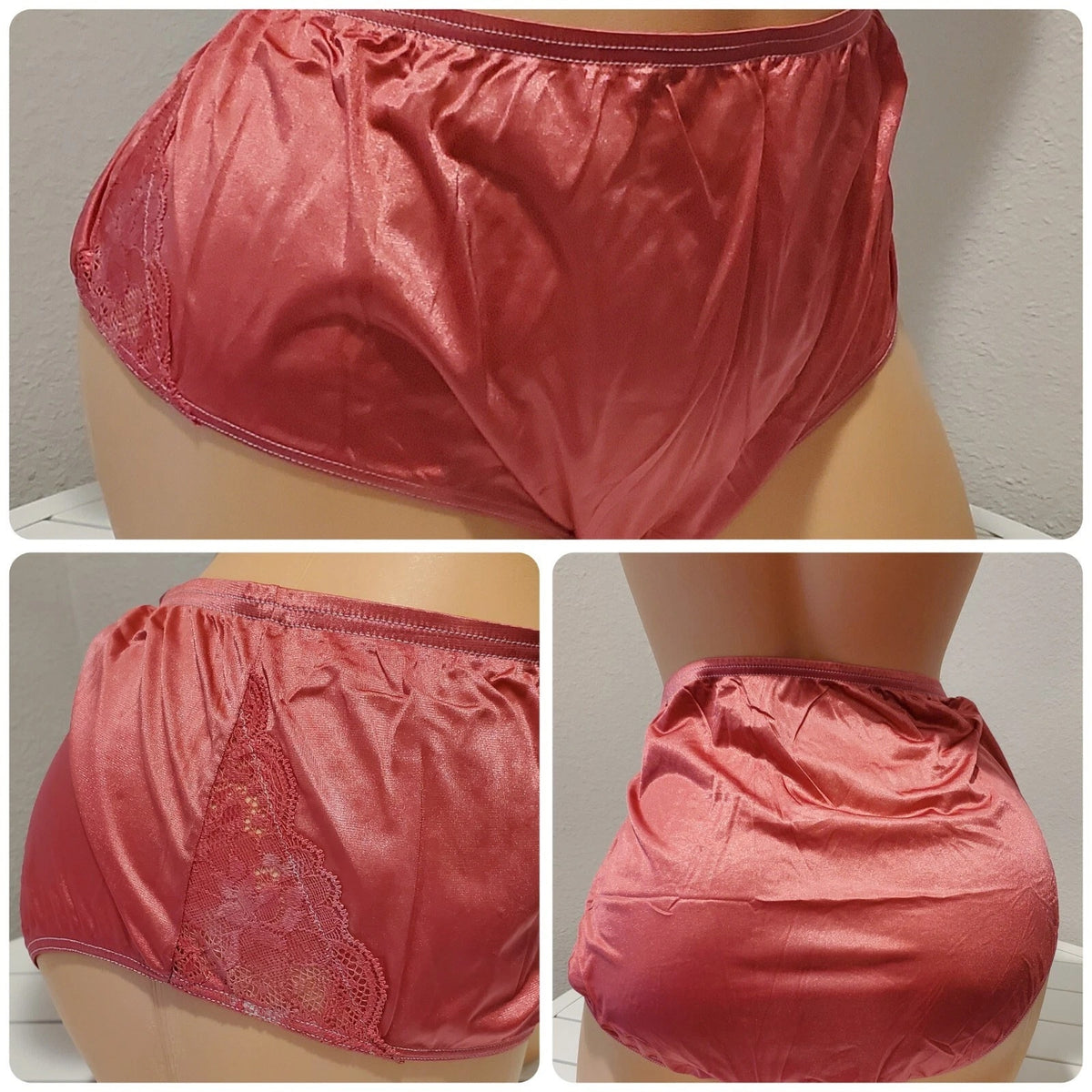 Shadowline 11182 Lace Insets Bikini Panty Shiny Nylon Full Cut Amber Pink 11/4XL