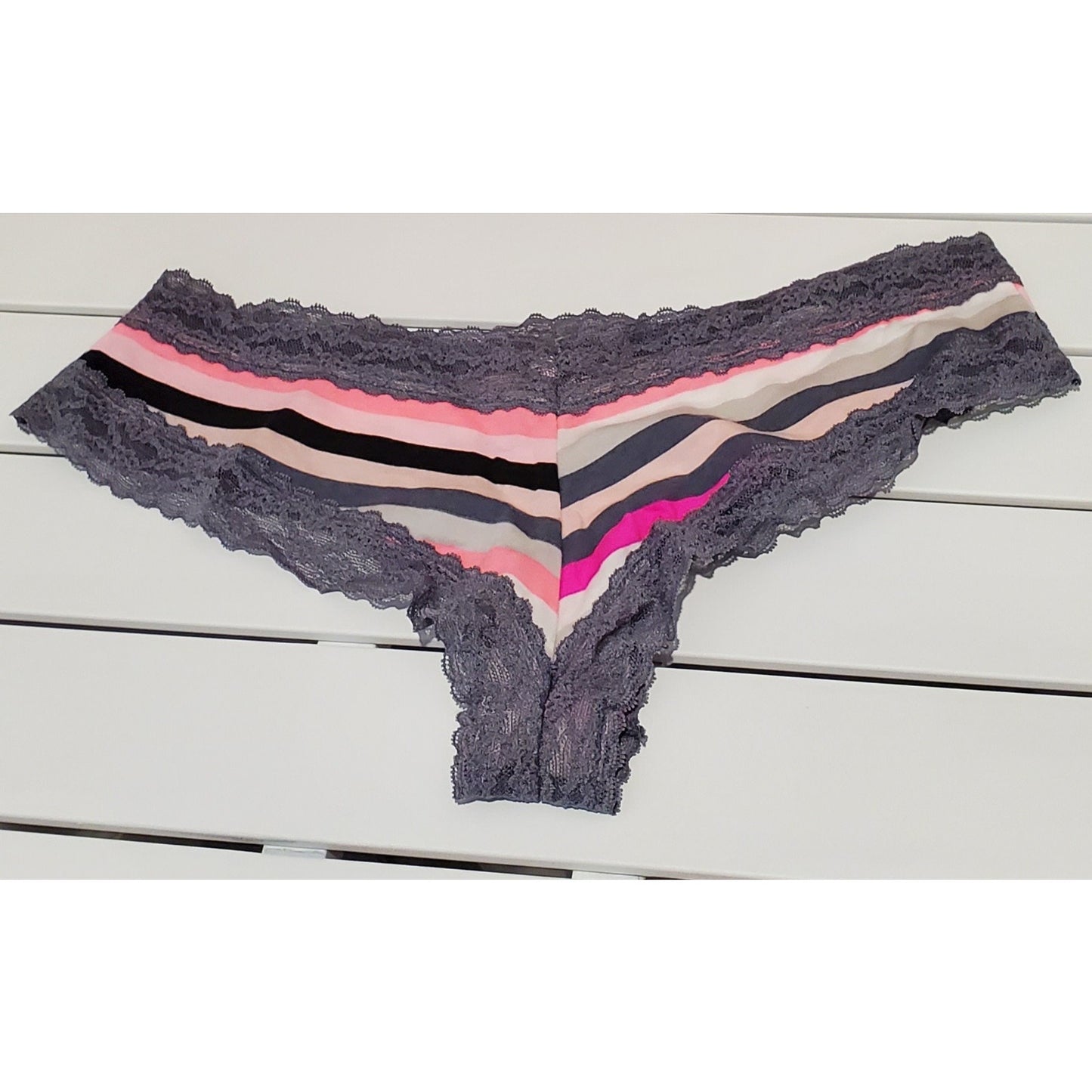 Victoria's Secret Cotton Cheeky Panty Lace Trim Multicolor Stripes 7/L