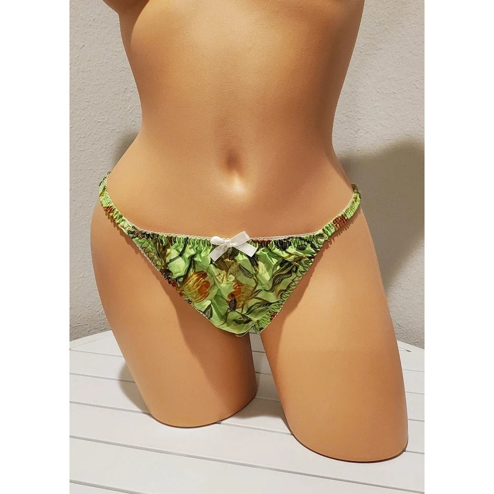 Liquid Satin String Bikini Panty Double Silk Gusset Floral Print Green Apple 7/L
