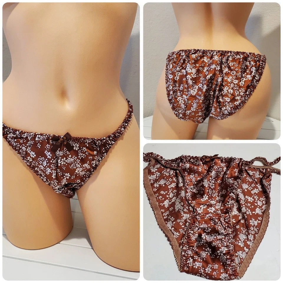 Liquid Satin String Bikini Panty Double Silk Gusset Bronze Little Floral Print 8
