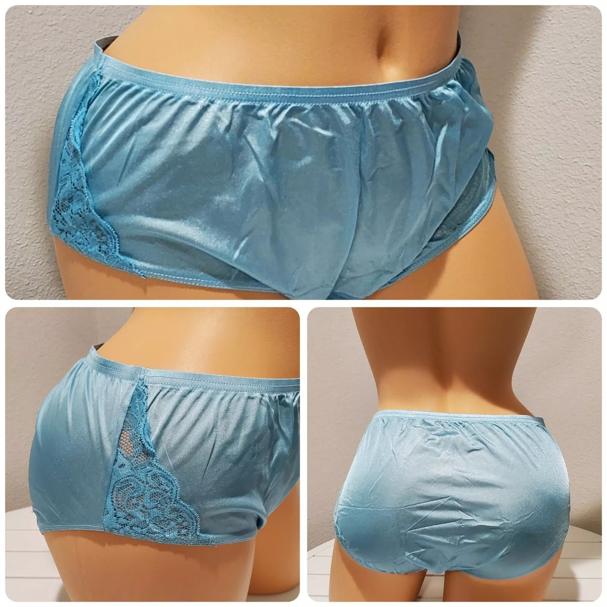 Shadowline 11182 Lace Insets Bikini Panty Shiny Nylon Full Cut Silky Icy Blue