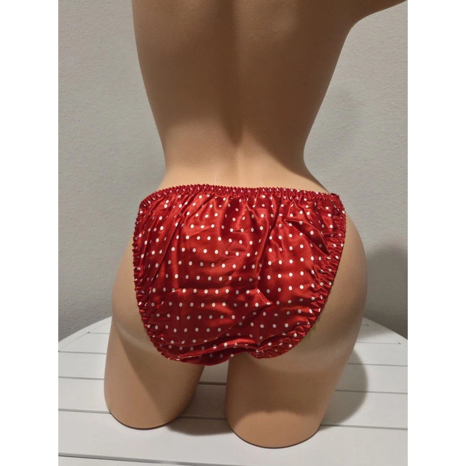 Liquid Satin String Bikini Panty Shiny Double Silk Polka Dot Print Red White