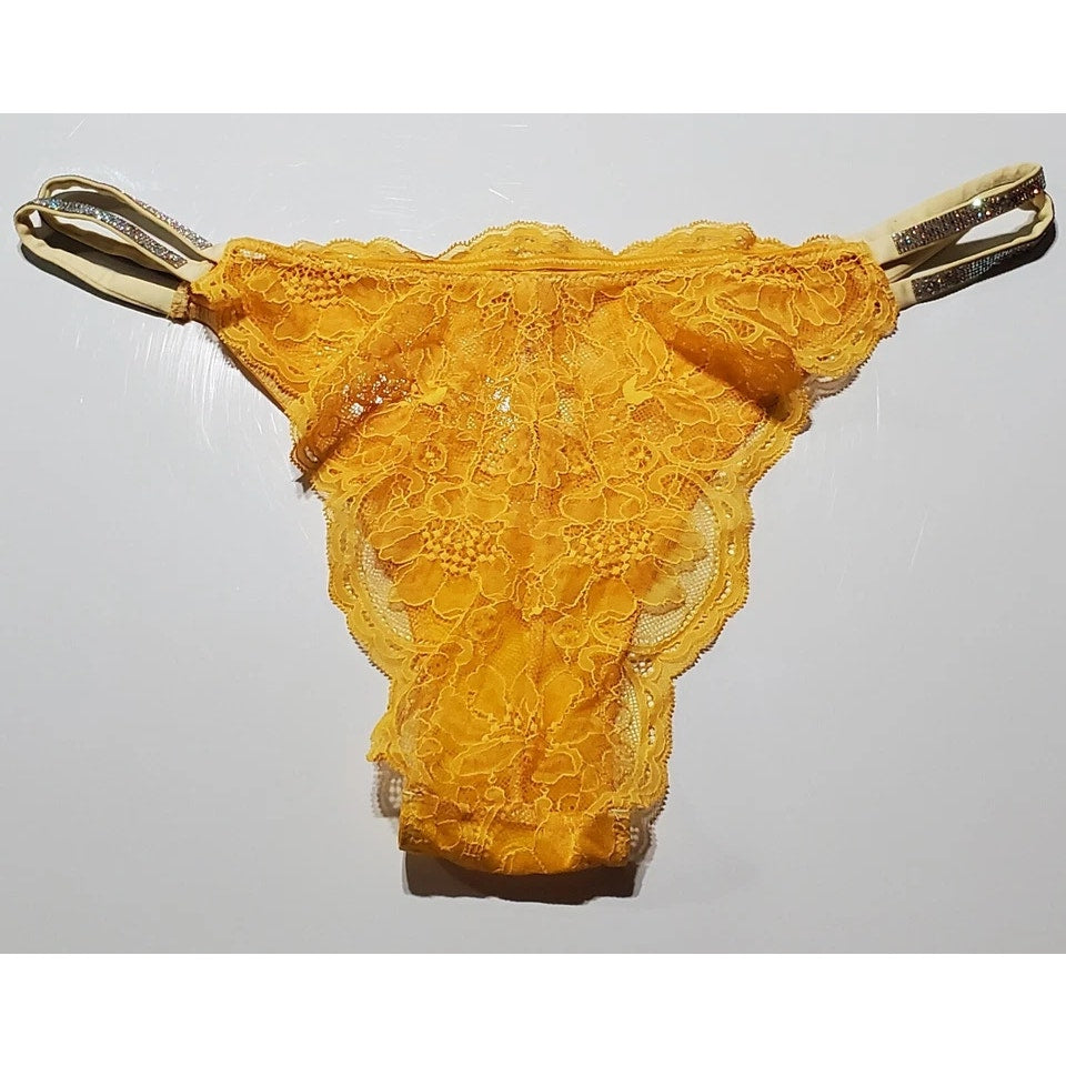 Victoria's Secret Double Shine Strap Brazilian Panty All Lace Tulip Yellow 8/XL