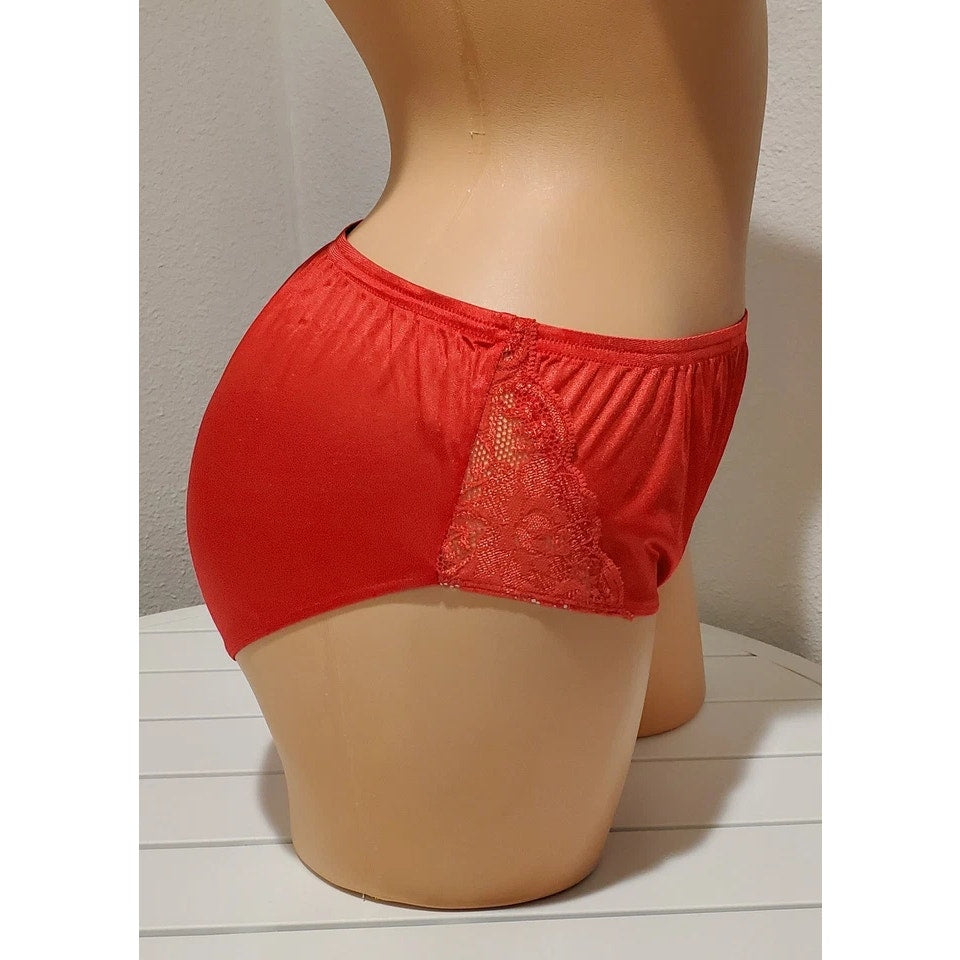 Shadowline 11182 Lace Insets Bikini Panty Shiny Nylon Full Cut Silky Red