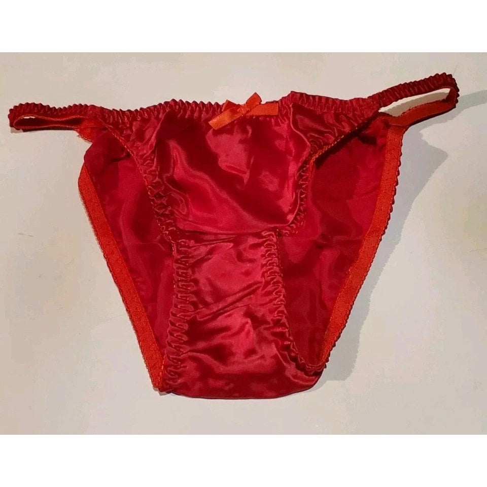 Liquid Satin String Bikini Panty Shiny Double Silk Gusset Candy Red 9/2XL
