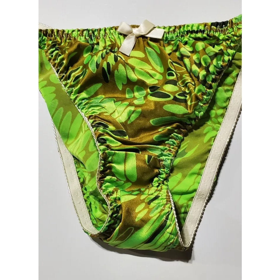 Liquid Satin String Bikini Panty Shiny Double Silk Gusset Apple Green Print