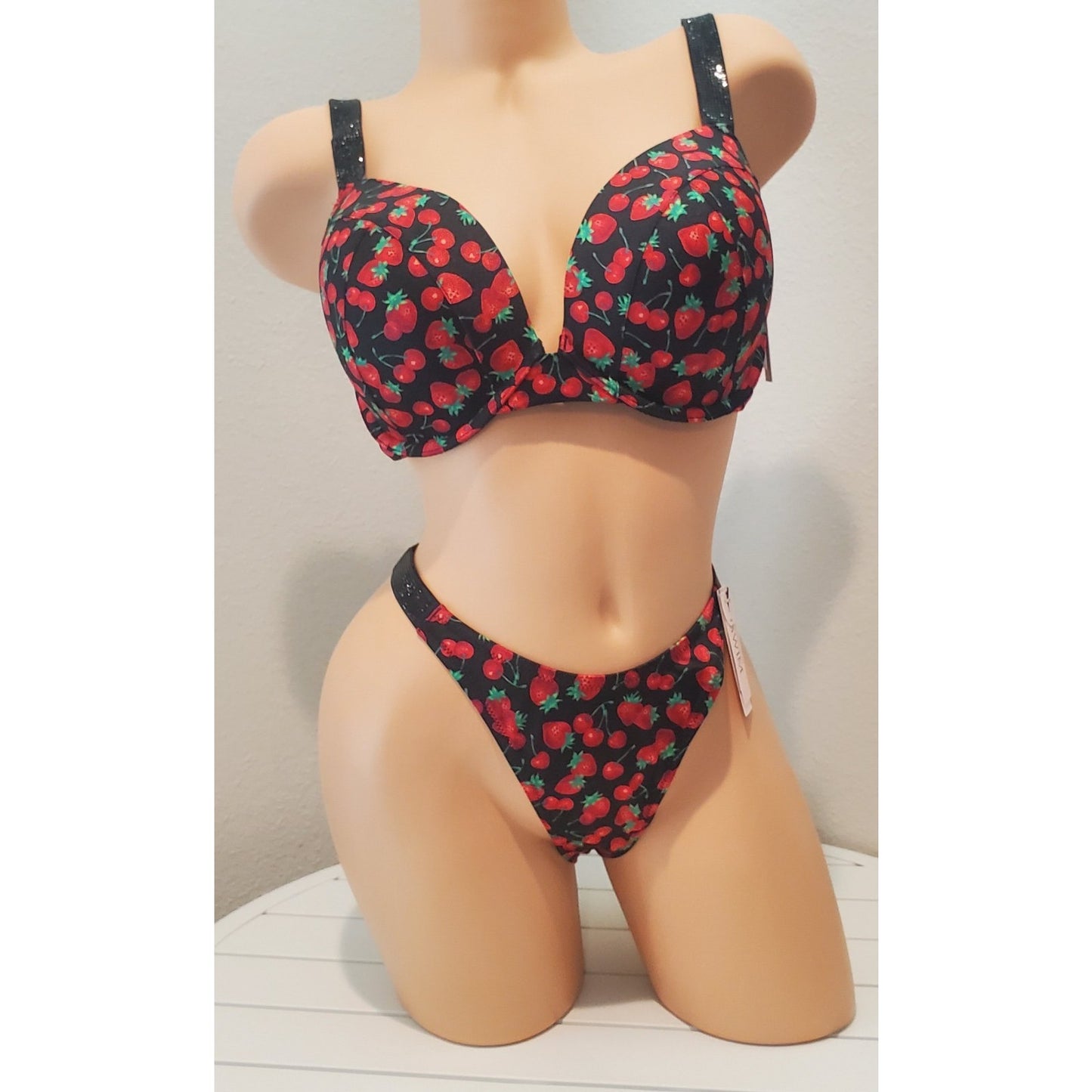 Victoria's Secret Swim Push-Up Bikini Set Shine Strap Cherry Print 38D/M