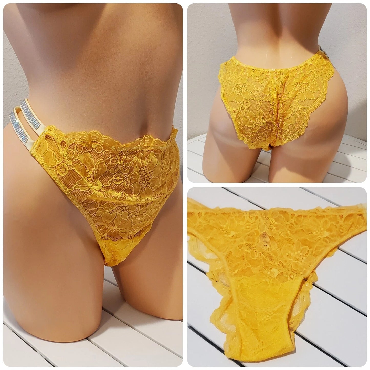 Victoria's Secret Double Shine Strap Brazilian Panty All Lace Naples Yellow