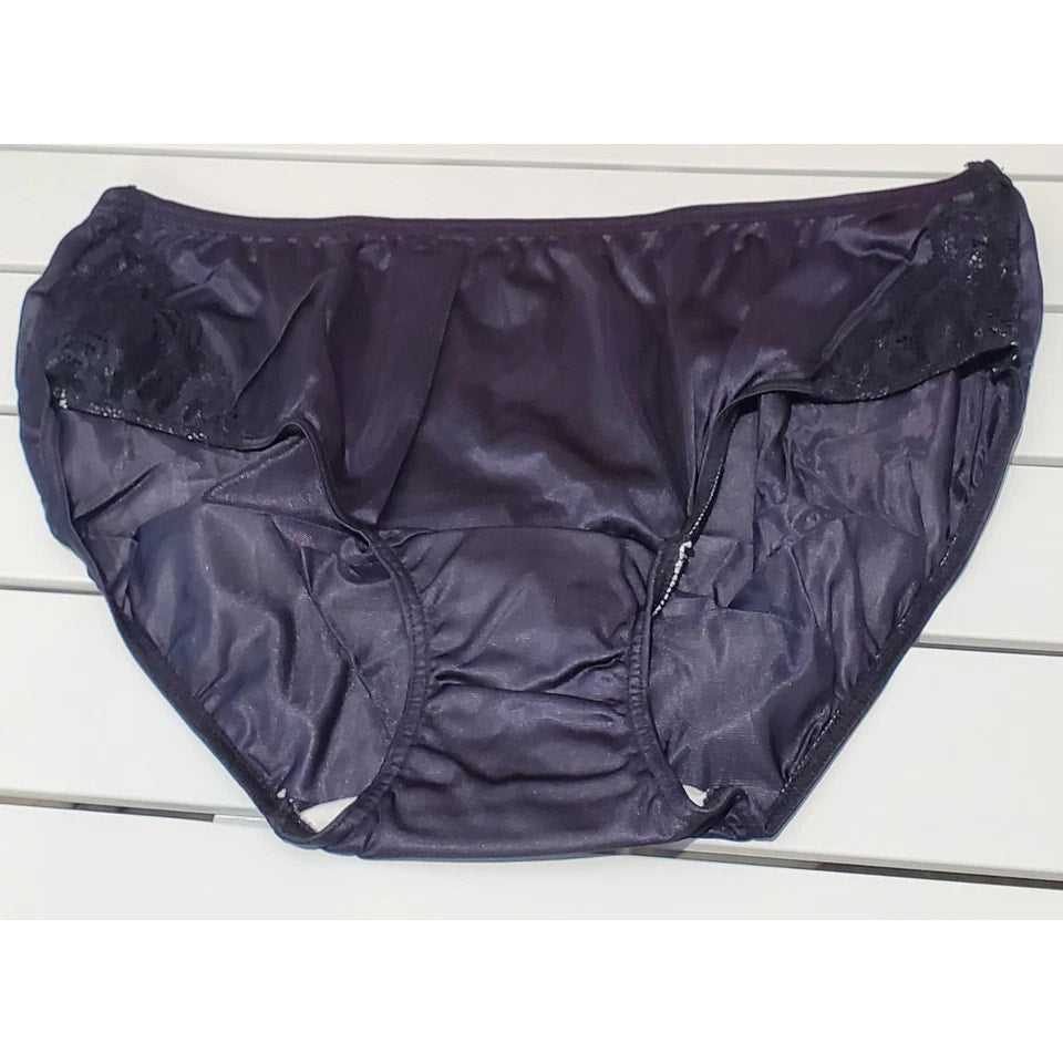 Shadowline 11182 Lace Insets Bikini Panty Shiny Nylon Full Cut Silky Black - Star Vintage & More