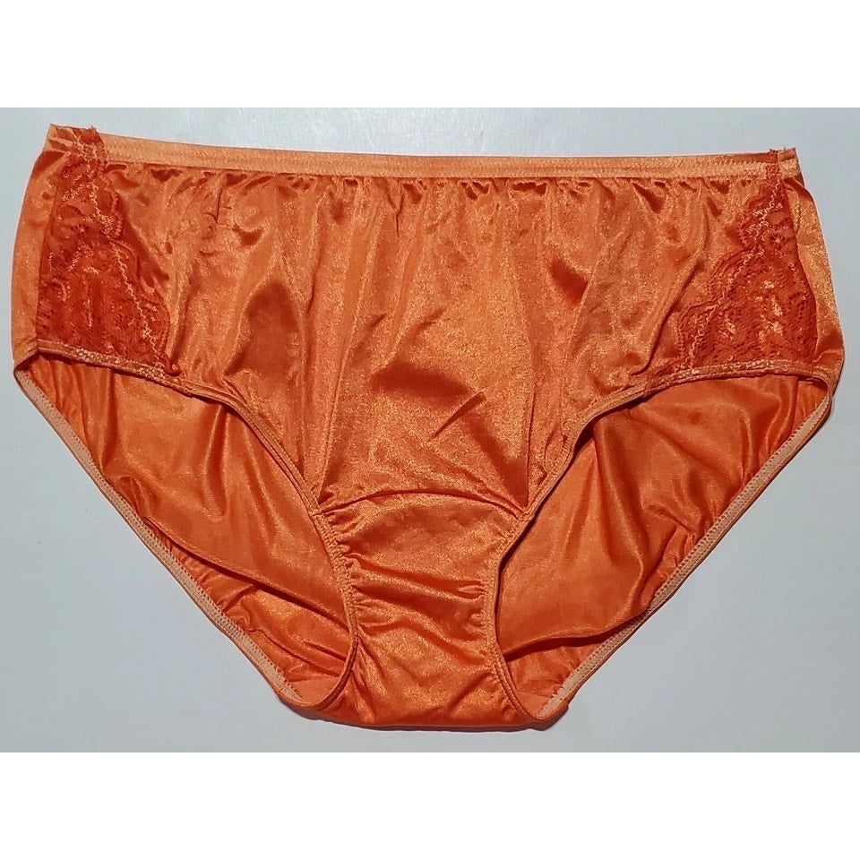 Shadowline 11182 Lace Insets Bikini Panty Shiny Nylon Full Cut Tangerine Orange