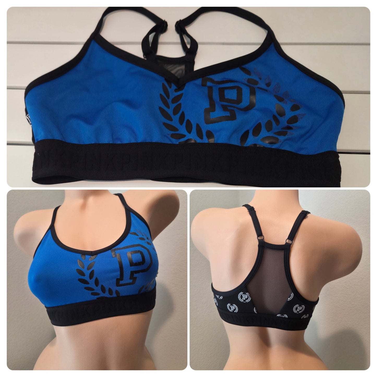Victoria's Secret PINK Ultimate Sports Bra Logo Racerback Blue Black Sz S