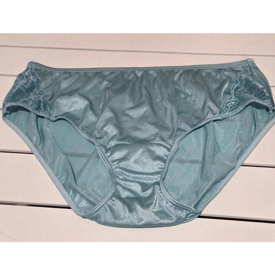 Shadowline 11182 Lace Insets Bikini Panty Shiny Nylon Herbal Sky Blue 7/L