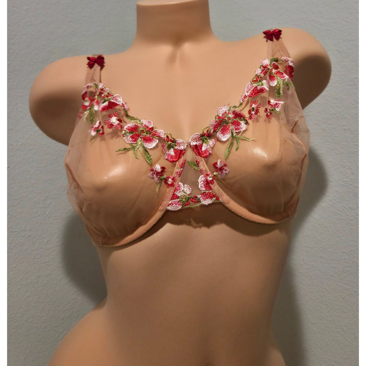 Adored by Adore Me Bra 36DD Peach Pink Sheer Floral Lace Unlined Underwire