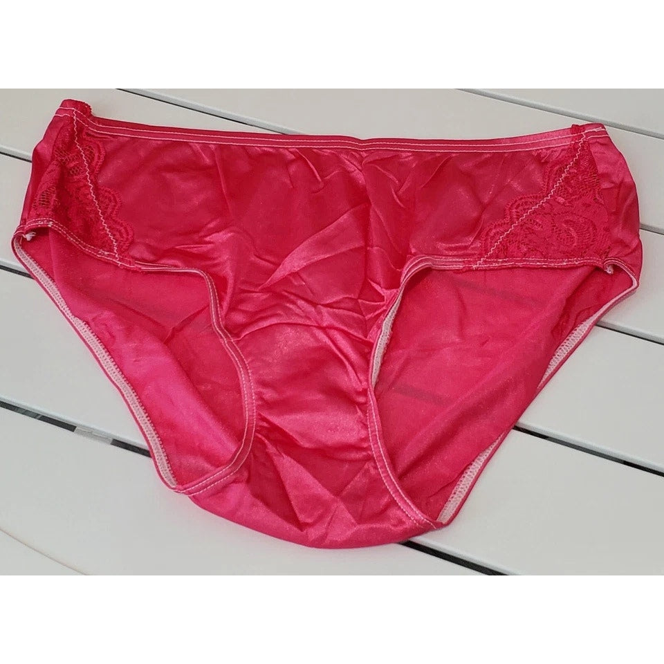 Shadowline 11182 Lace Insets Bikini Panty Shiny Nylon Full Cut Pink Cranberry
