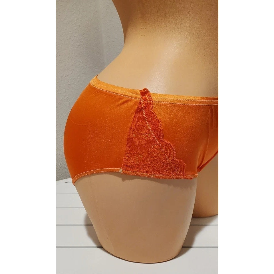 Shadowline 11182 Lace Insets Bikini Panty Shiny Nylon Full Cut Tangerine Orange