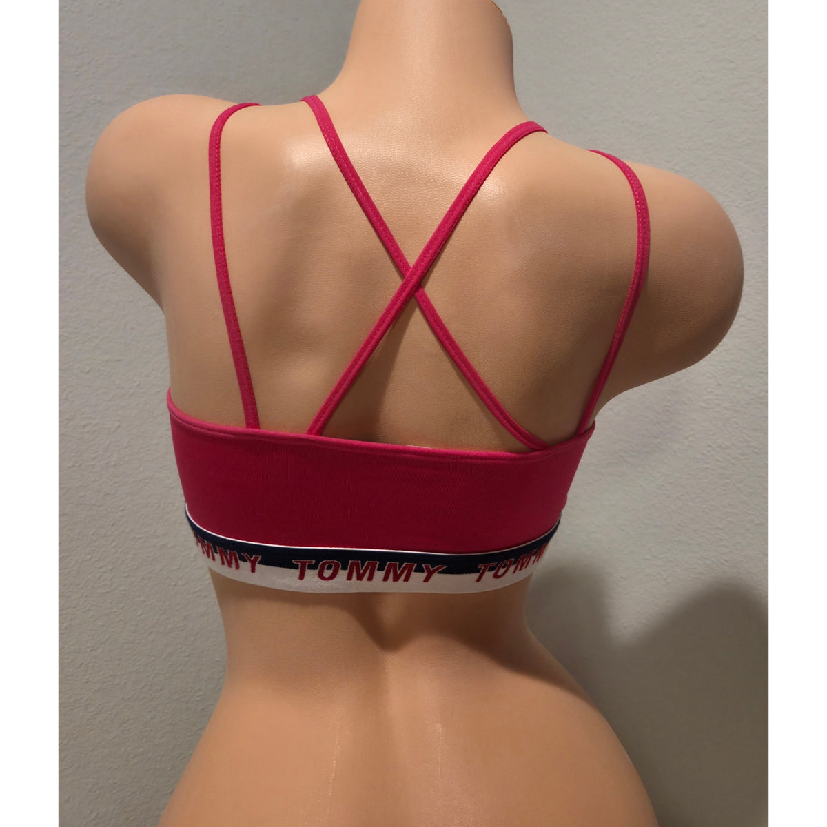 Tommy Hilfiger Sports Bra Racerback Strappy Back Logo Band Neon Pink Size S