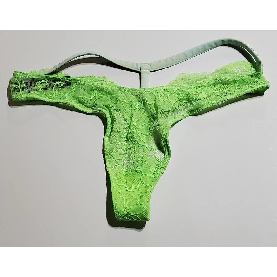 Victoria's Secret Shine Strap Y-Back Thong Panty All Lace Sheer Citron Green 6/M