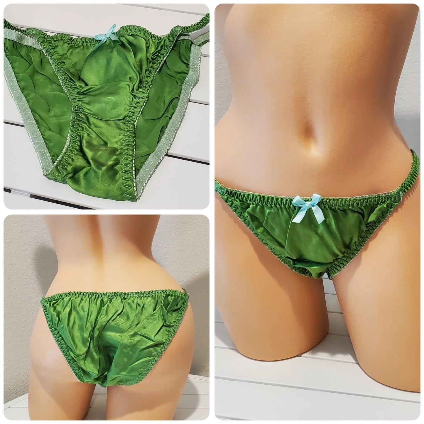 Liquid Satin String Bikini Panty Shiny Double Silk Gusset Irish Green