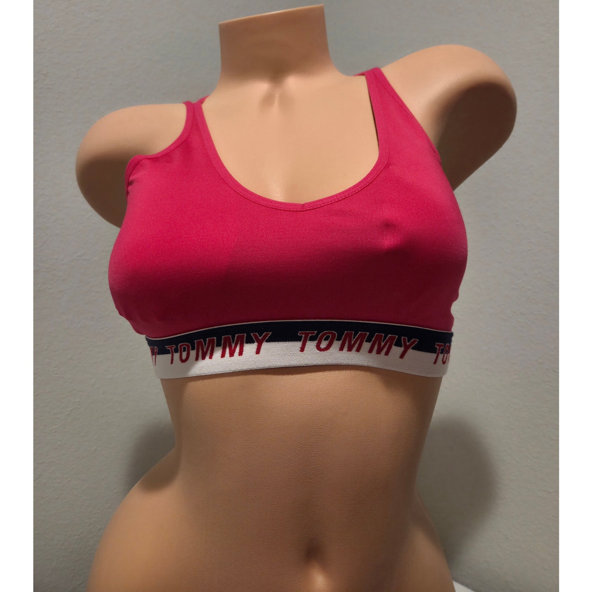 Tommy Hilfiger Sports Bra Racerback Strappy Back Logo Band Neon Pink Size S