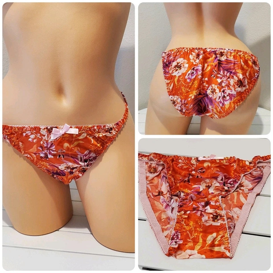 Liquid Satin String Bikini Panty Double Silk Gusset Floral Print Orange Purple