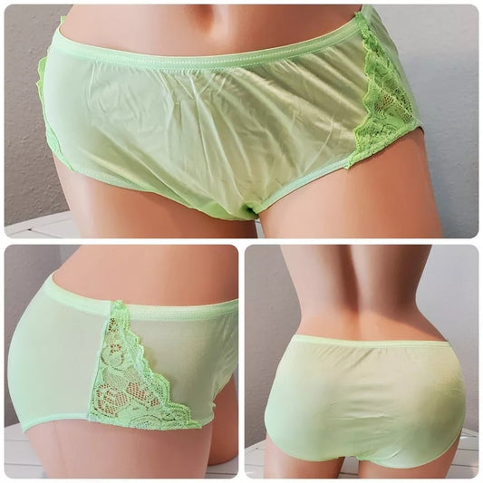 Shadowline 11182 Lace Insets Bikini Panty Shiny Nylon Full Cut Green Lime Lust - Star Vintage & More Star Vintage And More LLC
