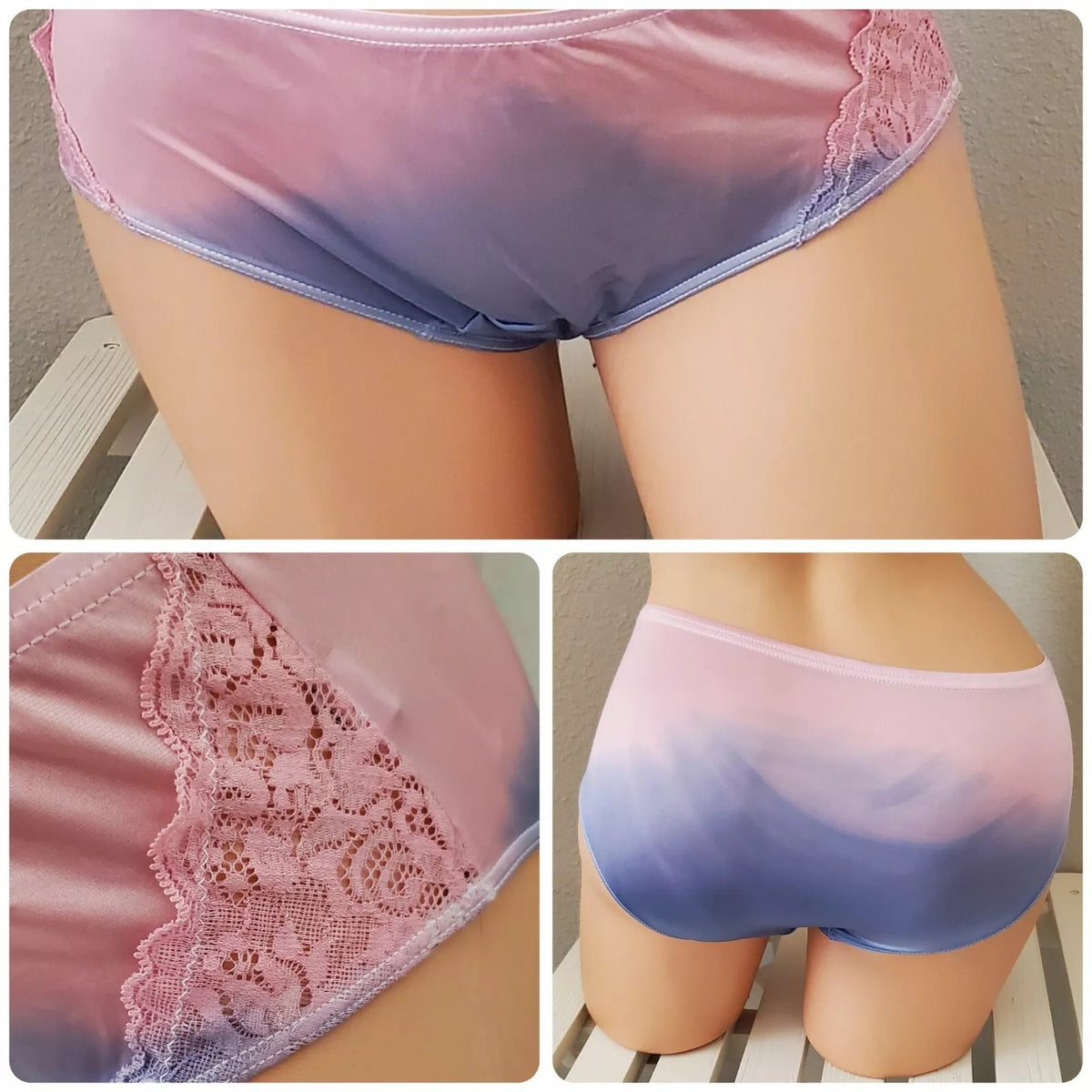 Shadowline 11182 Lace Insets Bikini Panty Shiny Nylon Silky Ombre Blueberry Wave - Star Vintage & More