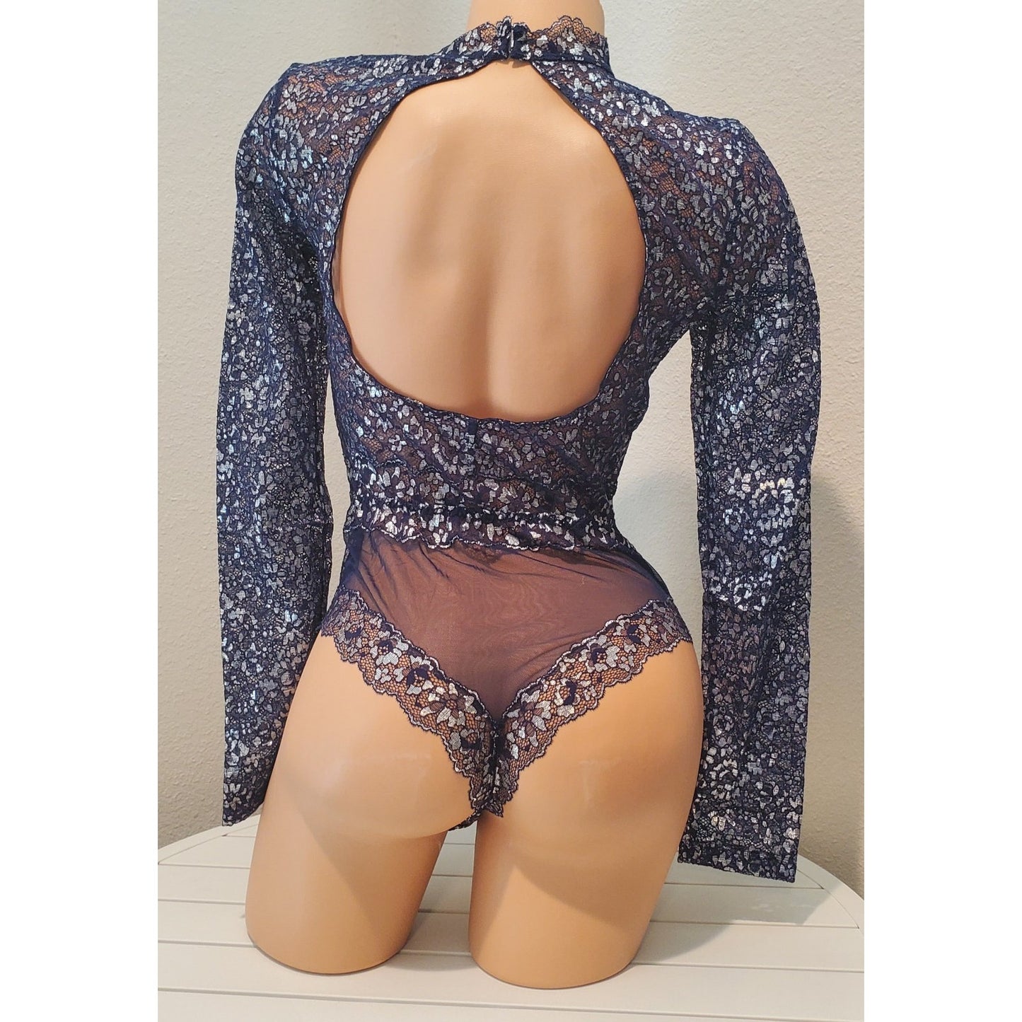 Victoria's Secret Vintage Shiny Teddy Bodysuit Snap Gusset Blue Silver 6/M