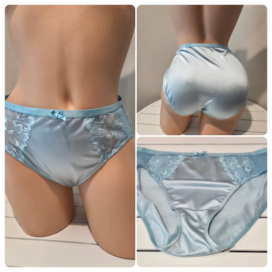 Ambrielle Tulip Lace High Cut Panty Shiny Satin Stretch Floral Lace Baby Blue Star Vintage And More LLC
