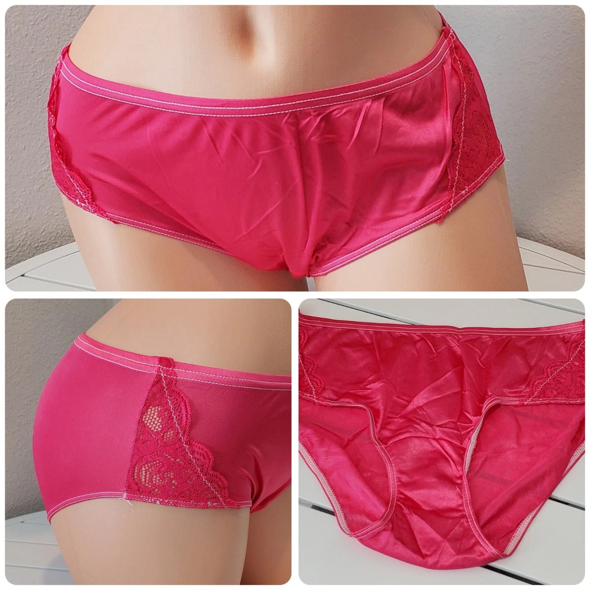 Shadowline 11182 Lace Insets Bikini Panty Shiny Nylon Full Cut Pink Cranberry