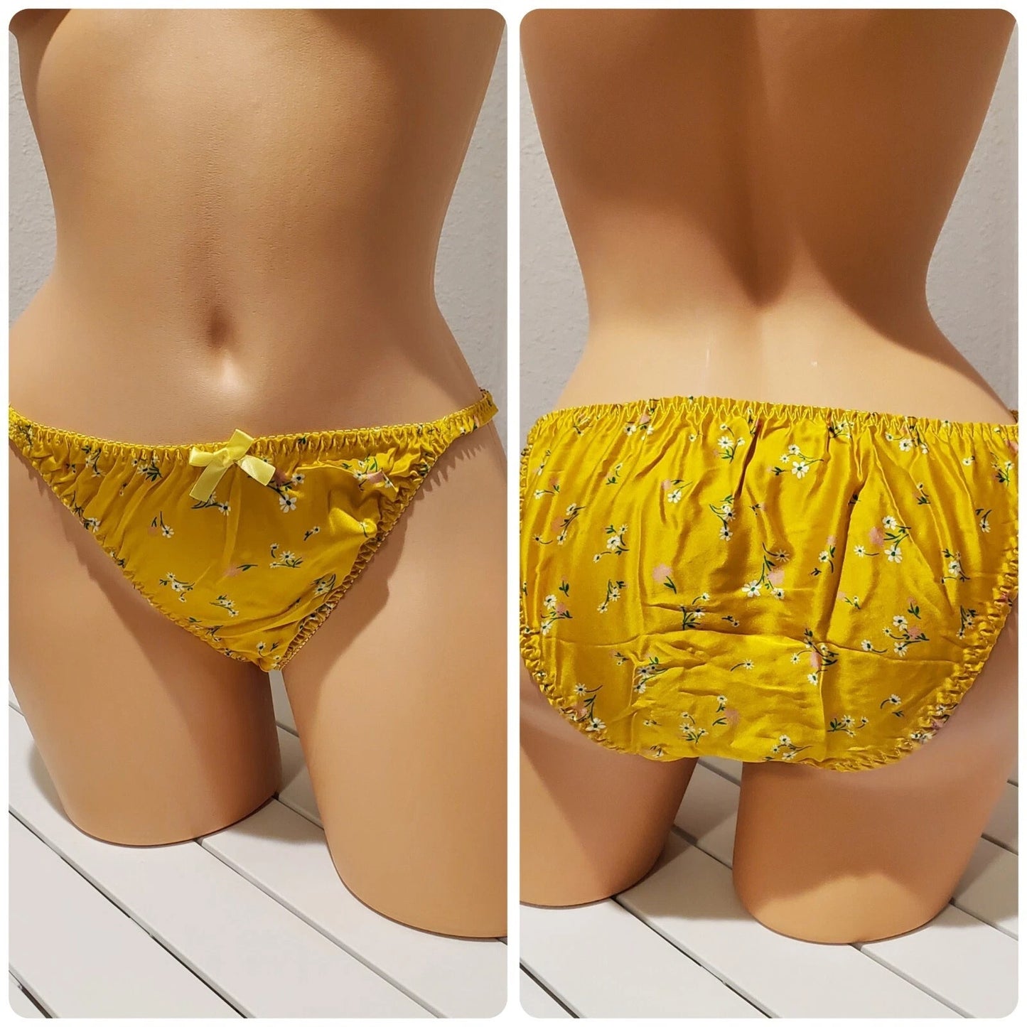 Liquid Satin String Bikini Panty Shiny Double Silk Yellow Little Floral Print