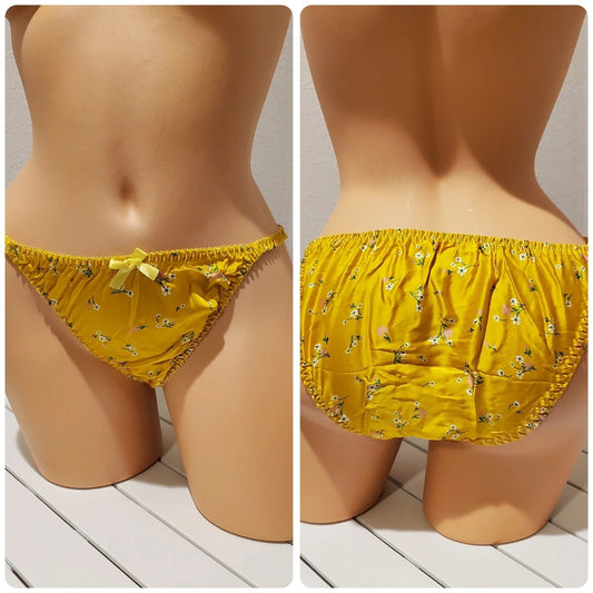 Liquid Satin String Bikini Panty Shiny Double Silk Yellow Little Floral Print - Star Vintage & More Star Vintage And More LLC