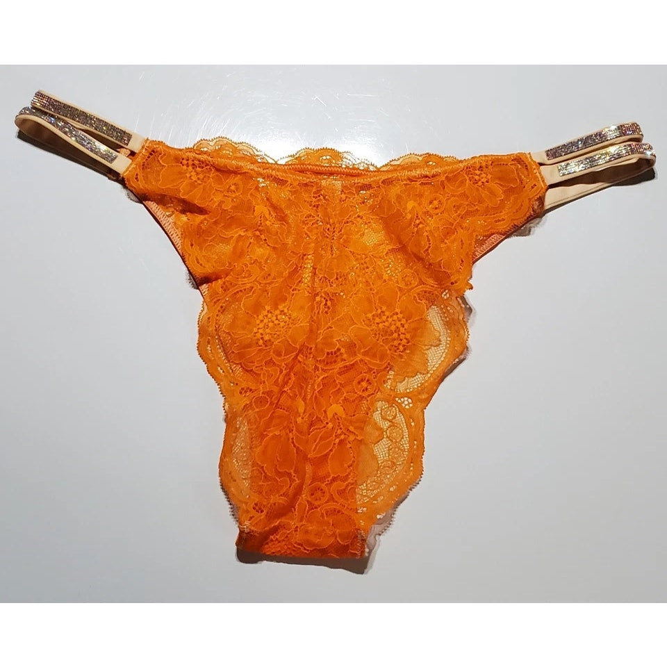 Victoria's Secret Double Shine Strap Brazilian Panty All Lace Orange Shock 9/2XL