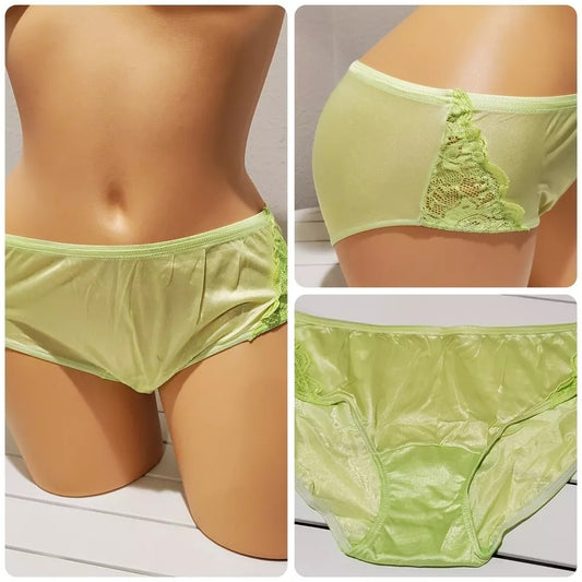 Shadowline 11182 Lace Insets Bikini Panty Shiny Nylon Full Cut Citron Green - Star Vintage & More Star Vintage And More LLC
