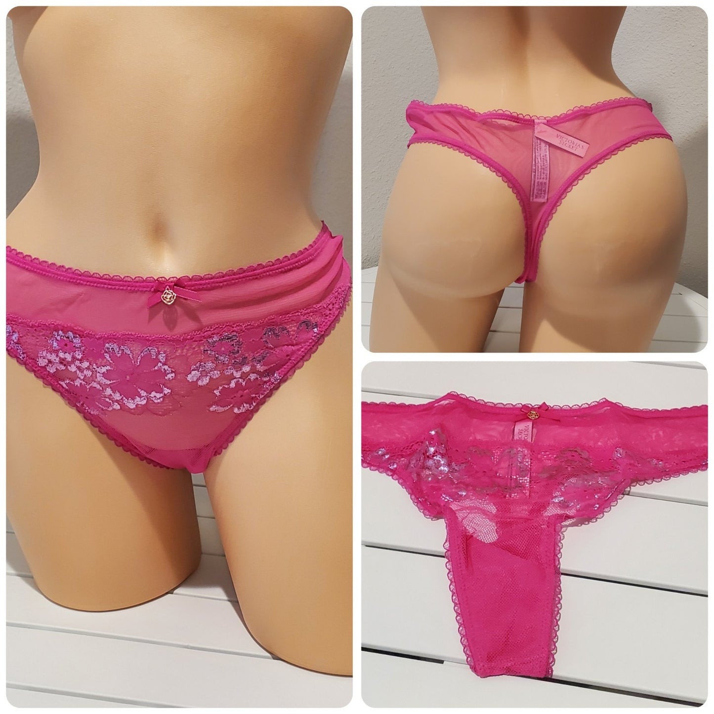 Victoria's Secret Body by Victoria Shiny Floral Thong Sheer Fuchsia Pink 7/L