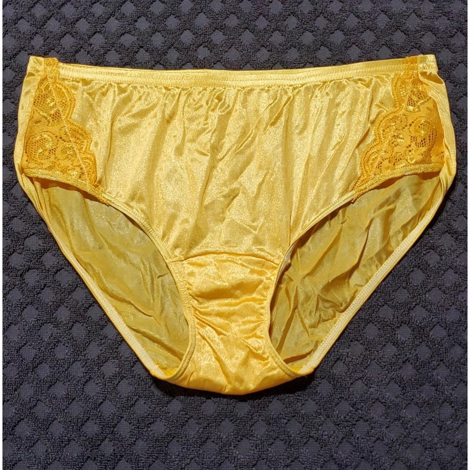 Shadowline 11182 Lace Insets Bikini Panty Shiny Nylon Full Cut Tulip Yellow