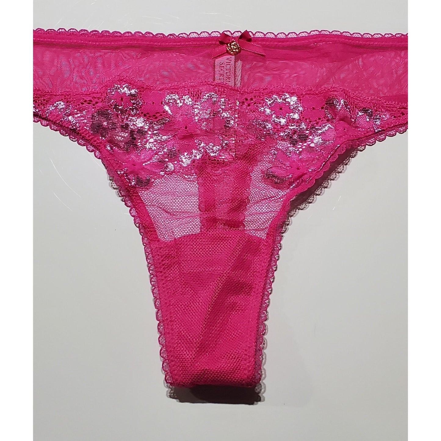 Victoria's Secret Body by Victoria Shiny Floral Thong Sheer Fuchsia Pink 7/L
