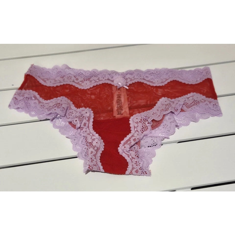 Victoria's Secret Tease Cheekini Bikini Panty Semi Sheer Lace Trim Red Pink 4/XS