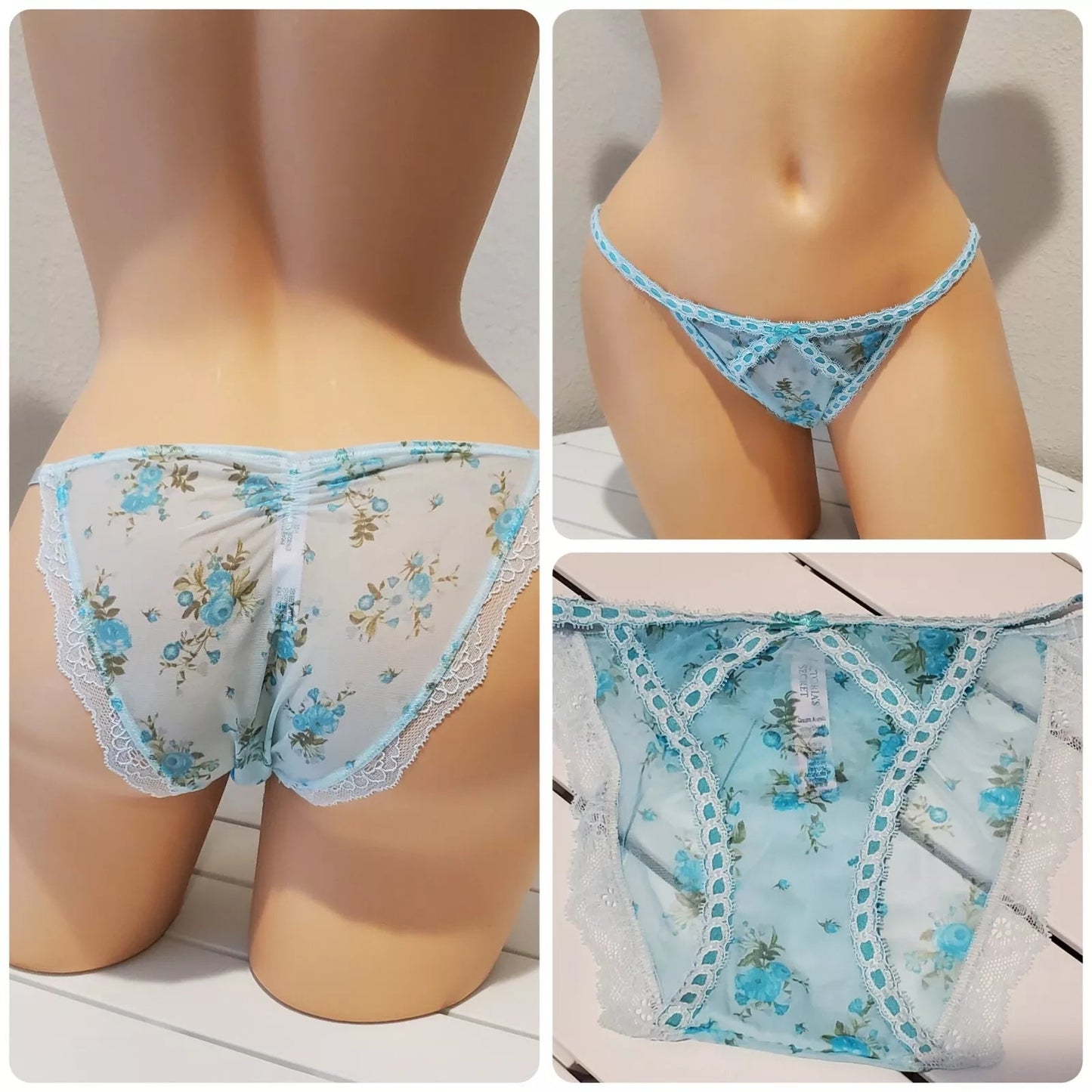 Victoria's Secret Dream Angels Bikini Panty Semi Sheer Floral Print Frosty Blue