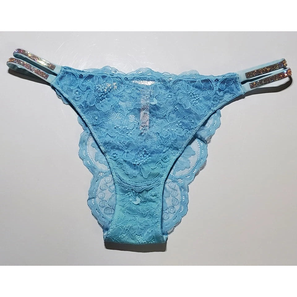 Victoria's Secret Double Shine Strap Brazilian Panty All Lace Baby Blue 9/2XL