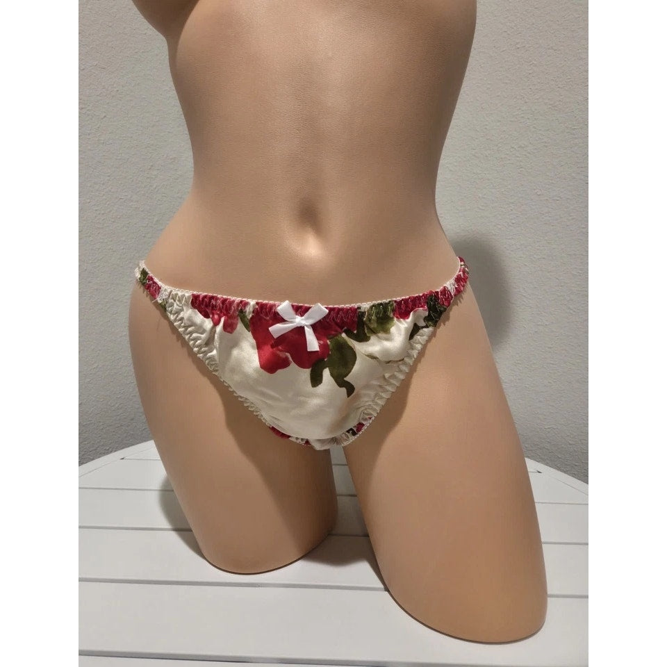 Liquid Satin String Bikini Panty Shiny Double Silk Gusset Floral Print Ivory