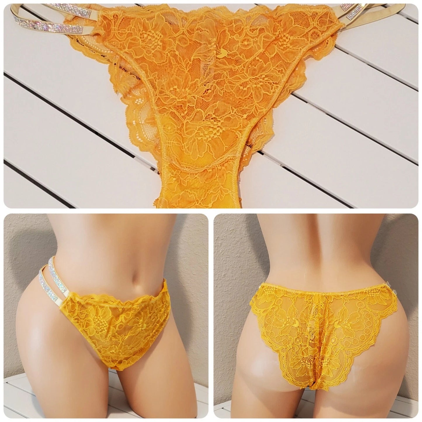 Victoria's Secret Double Shine Strap Brazilian Panty All Lace Tulip Yellow 8/XL