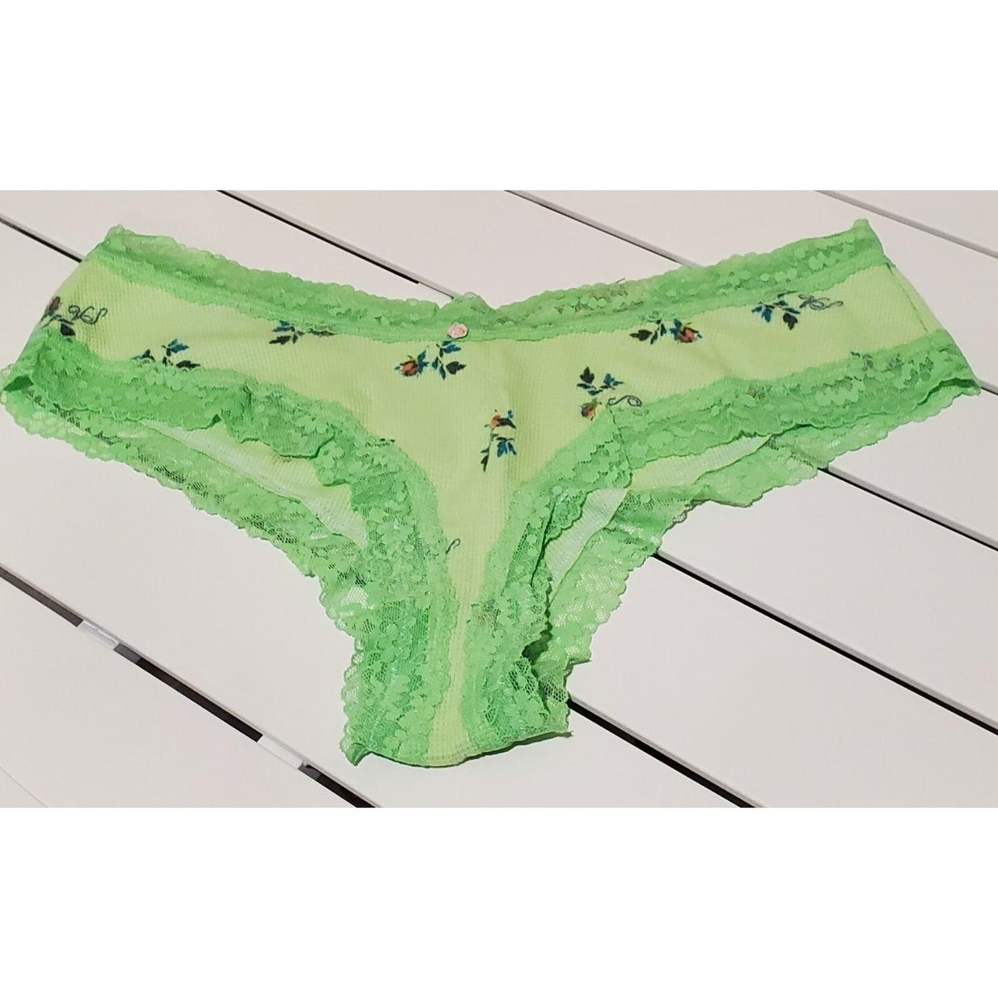 Victoria's Secret Cotton Cheeky Panty Lace Trim Floral Print Green Citron 8/XL