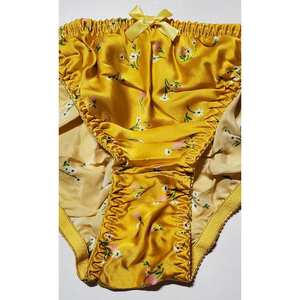 Liquid Satin String Bikini Panty Shiny Double Silk Yellow Little Floral Print
