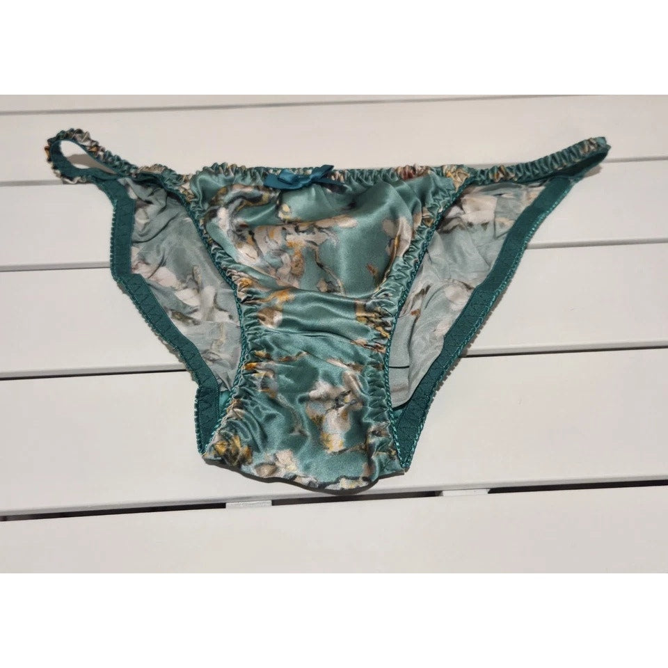 Liquid Satin String Bikini Panty Shiny Double Silk Gusset Floral Print Green
