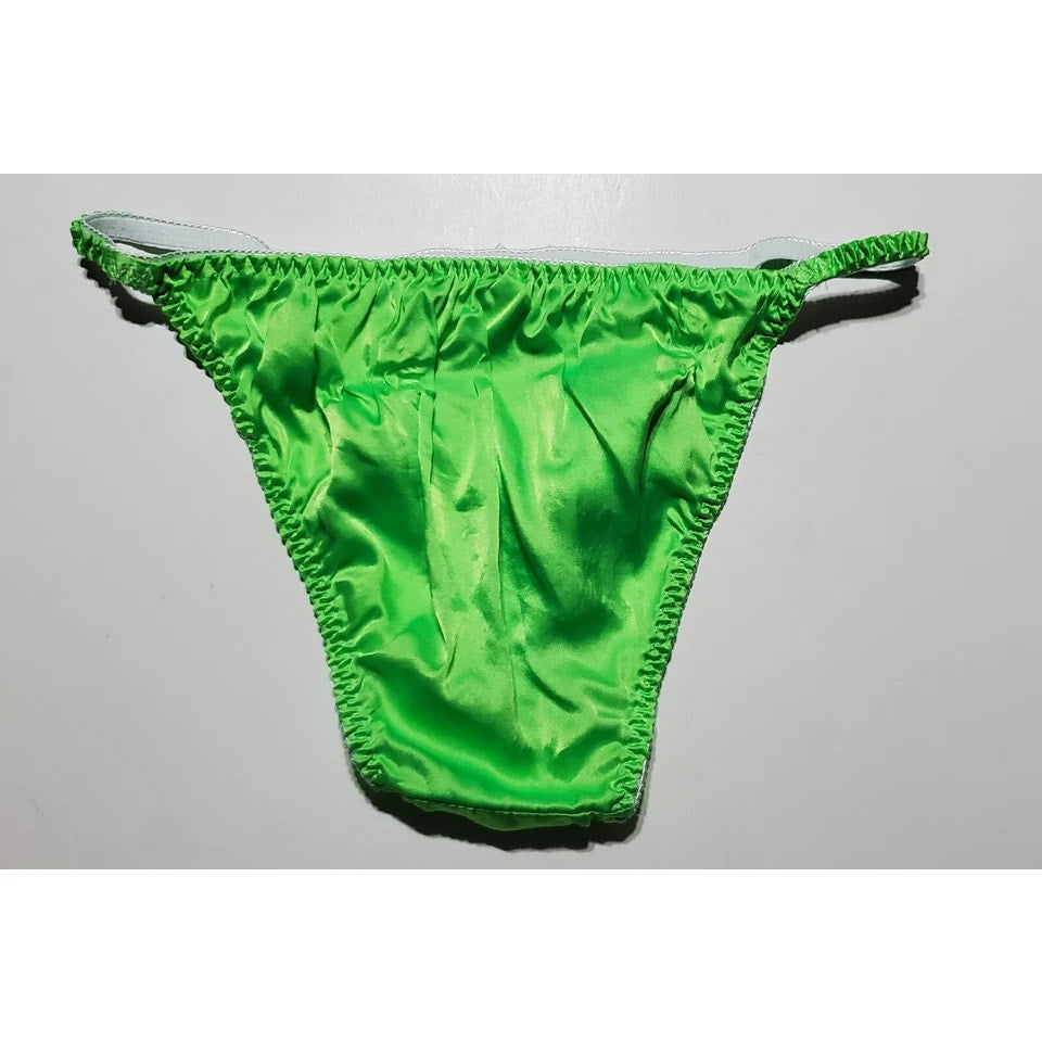 Liquid Satin String Bikini Panty Shiny Double Silk Gusset Screamin Green 8/XL