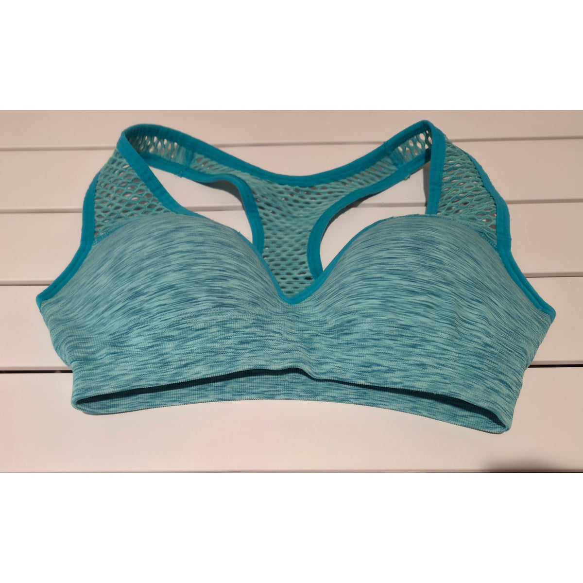 PINK Victoria's Secret Sports Bra Teal Blue Racerback Padded Perforated Mesh M