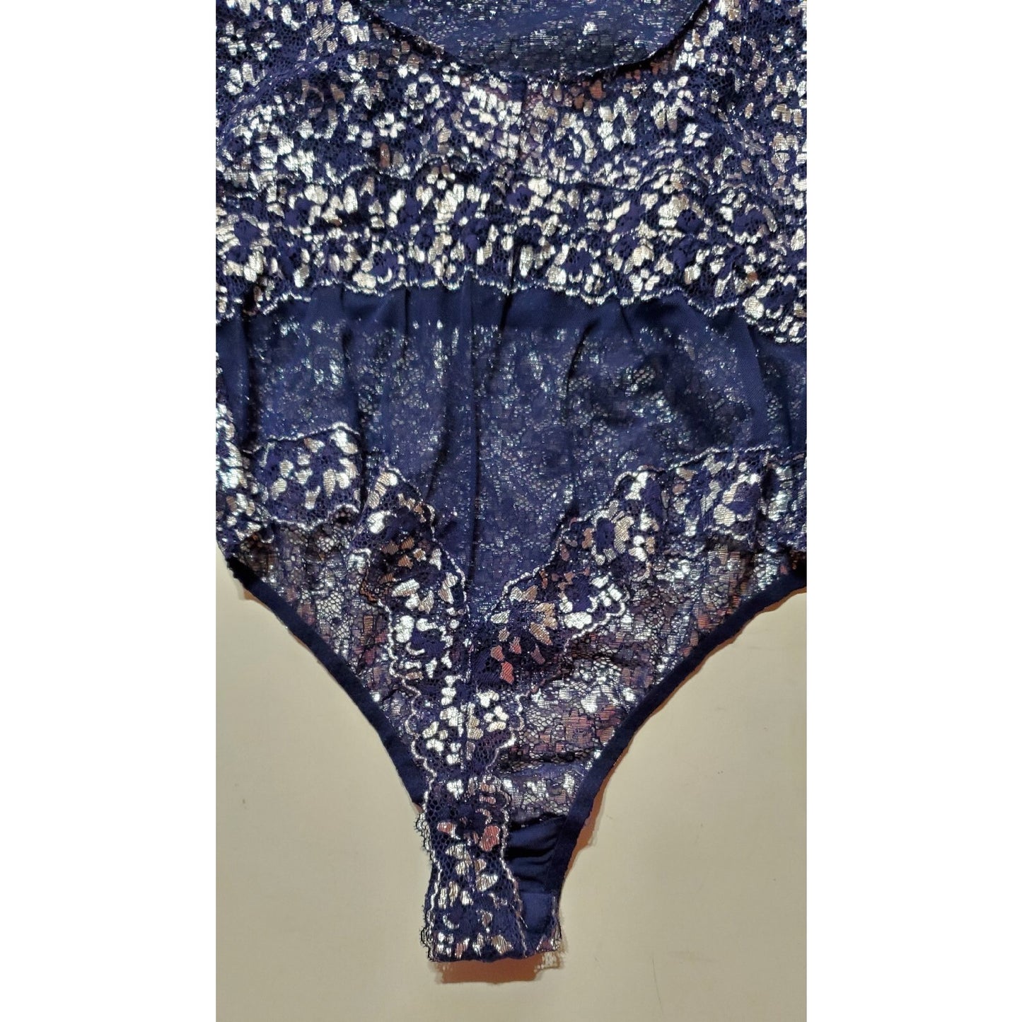 Victoria's Secret Vintage Shiny Teddy Bodysuit Snap Gusset Blue Silver 6/M