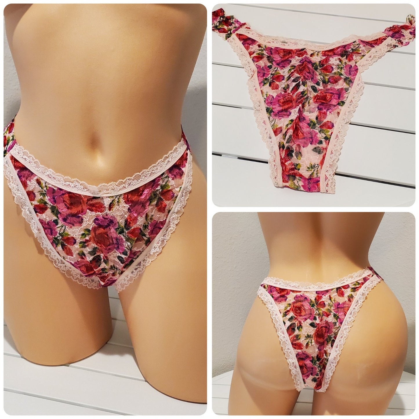 Victoria's Secret All Lace Brazilian Panty Semi Sheer Floral Print Pink 8/XL